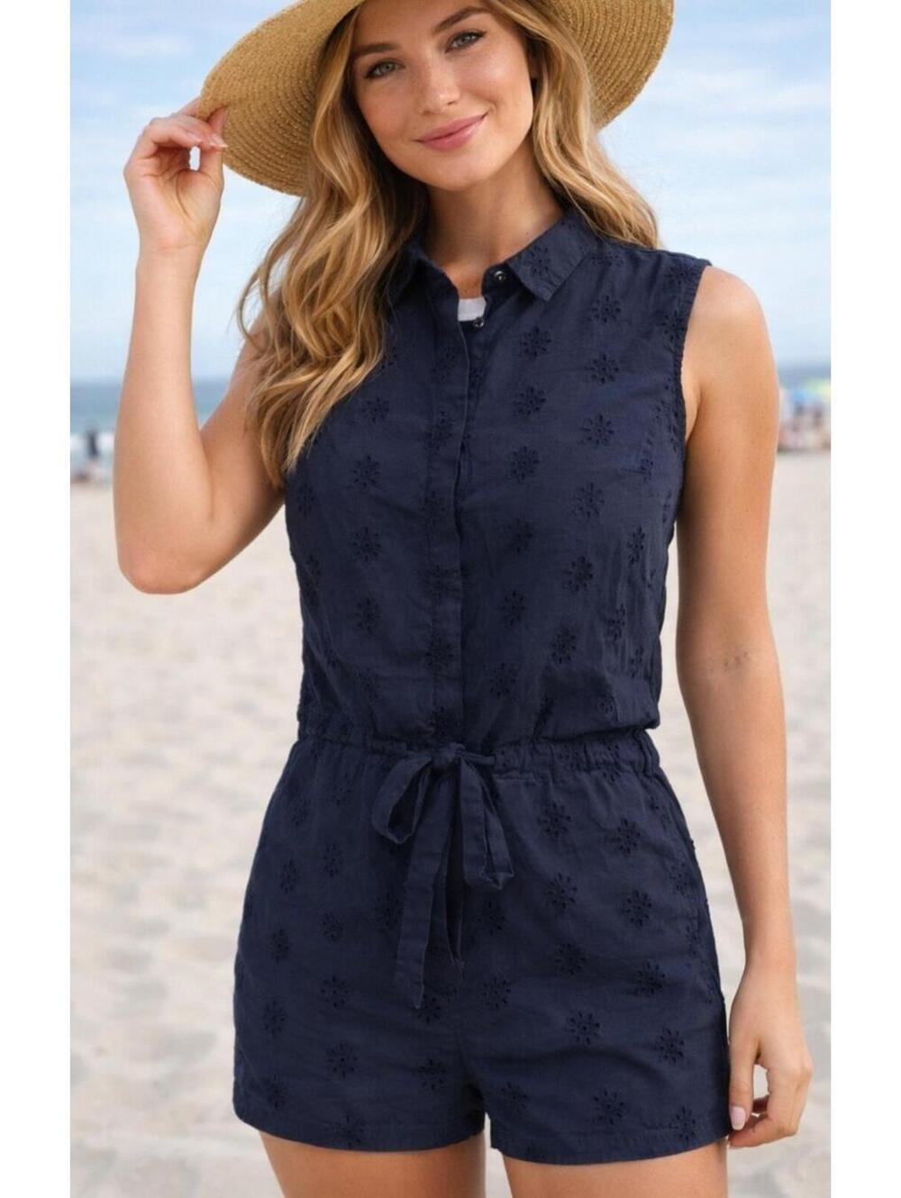 Jack Wills Romper Womens Size 6 S/M Navy Eyelet Embroidered Sleeveless Tie Waist